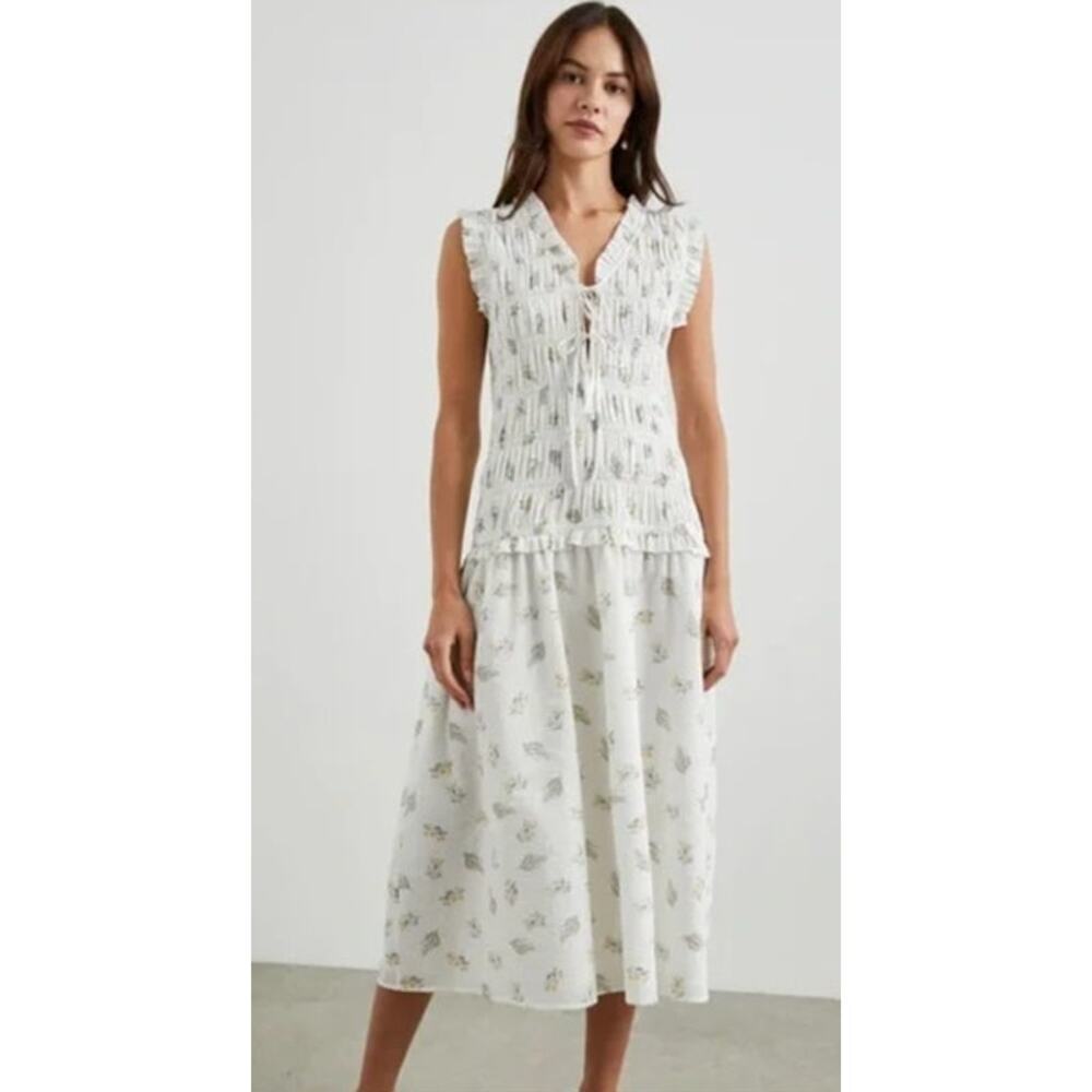 Rails Dion Dress Floral Sleeveless Smocked Ruffle Midi A-Line Amaryllis Ivory S